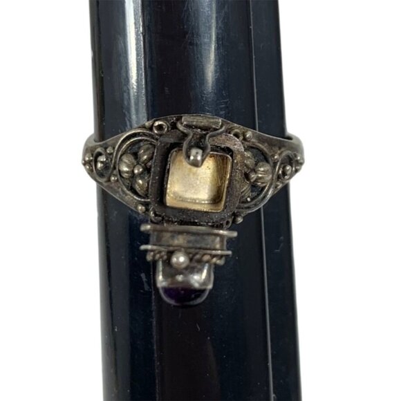 VTG 925 Silver Poison Spy Ring Cabochon Amethyst Ornate Filigree Design SZ 9.75 - Picture 2 of 8